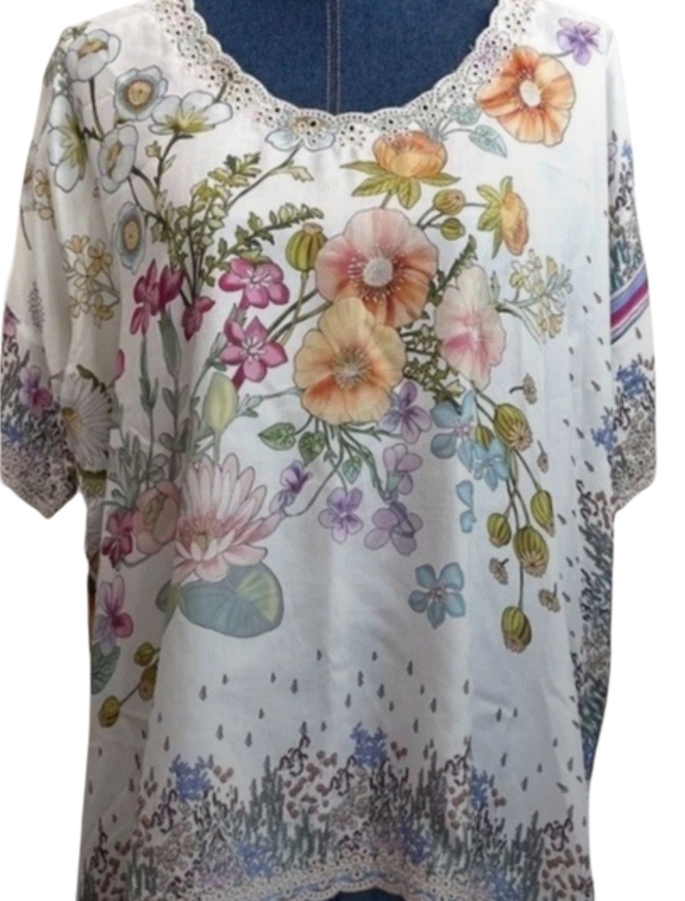 JOHNNY WAS - XXL Silk Floral Scoop Neck Top - Cream Multi